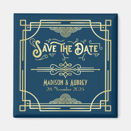 Art Deco Wedding Elegante Gold Blue Save the Date Magnet