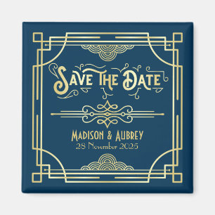 Art Deco Wedding Elegante Gold Blue Save the Date Magnet