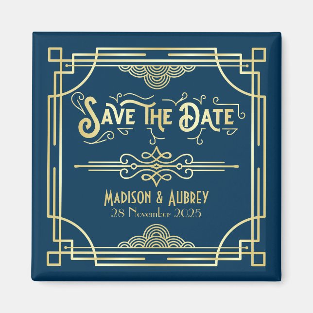 Art Deco Wedding Elegante Gold Blue Save the Date Magnet (Vorne)