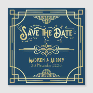 Art Deco Wedding Elegante Gold Blue Save the Date Magnetkarte