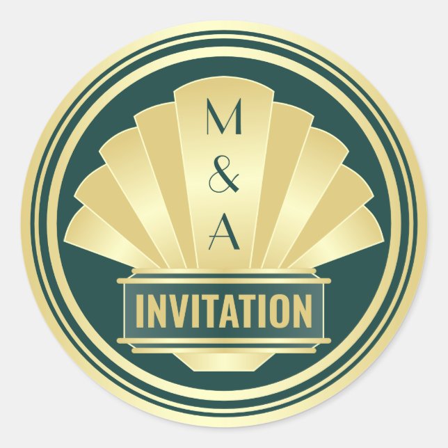 Art Deco Wedding Elegantes Gold Green Gatsby Runder Aufkleber (Vorderseite)