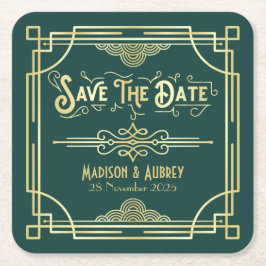 Art Deco Wedding Elegantes Gold Green Save the Dat Rechteckiger Pappuntersetzer