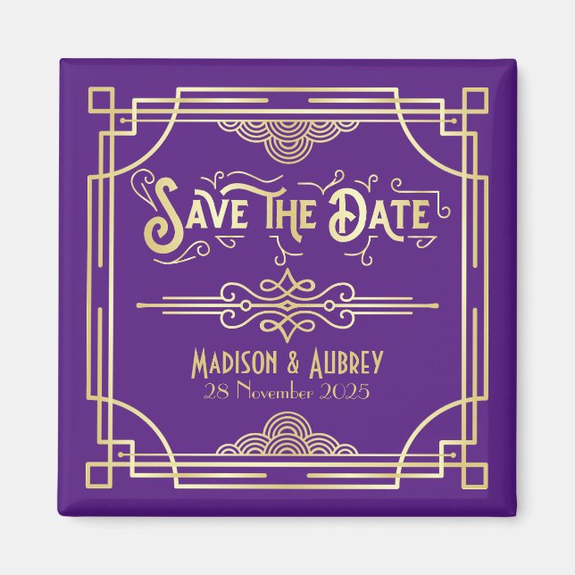 Art Deco Wedding Elegantes Gold Save the Date Lila Magnet (Vorne)