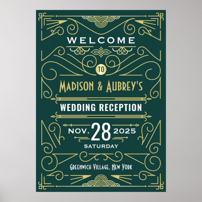 Art Deco Wedding Empfang Gold Green Willkommenszei Poster (Vorne)