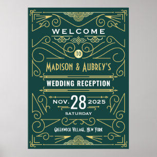 Art Deco Wedding Empfang Gold Green Willkommenszei Poster