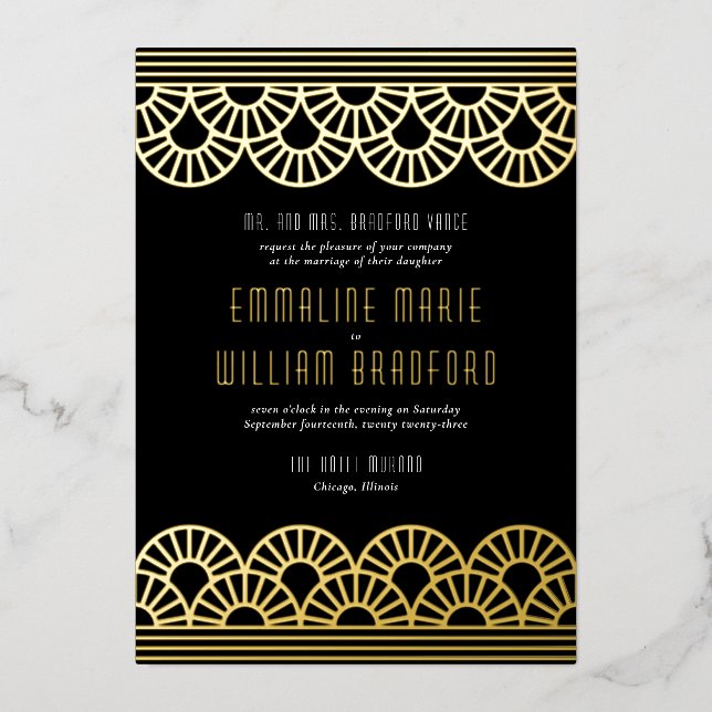 Art Deco Wedding Fan Gold Folieneinladung (Vorderseite)