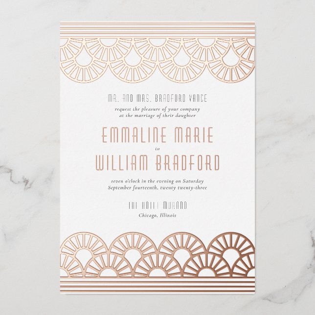 Art Deco Wedding Fan White Rose Gold Folieneinladung (Vorderseite)