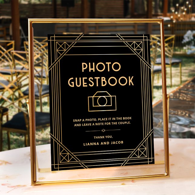 Art Deco Wedding Foto Gästebuch Black Gold Sign (Von Creator hochgeladen)
