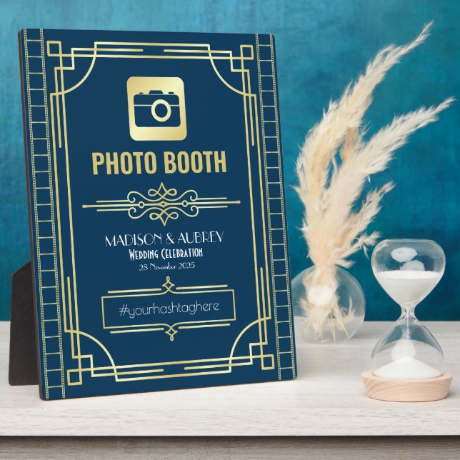 Art Deco Wedding Foto Stand Gold Blue Sign Fotoplatte (Seite)