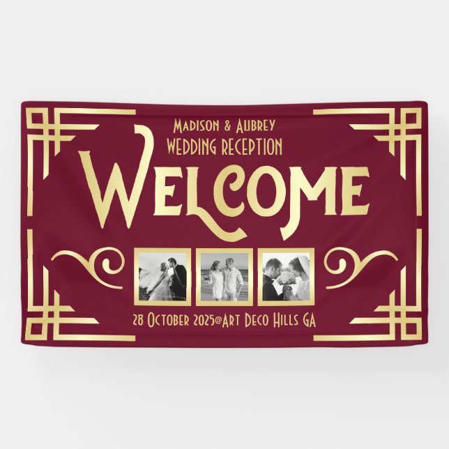 Art Deco Wedding Gold Burgund Drei Foto Willkommen Banner (Horizontal)