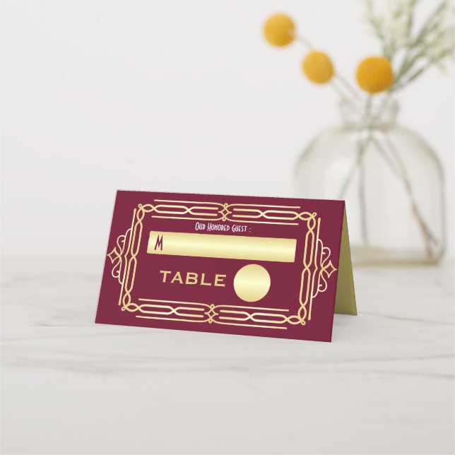 Art Deco Wedding Gold Burgundy Einstellung Escort Platzkarte (Vorderseite)