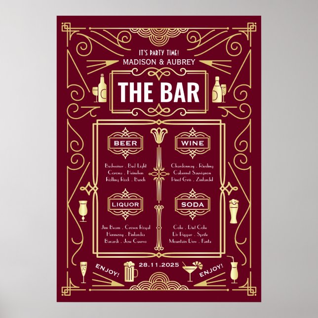 Art Deco Wedding Gold Burgundy Open Bar Menu Poster (Vorne)