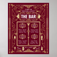 Art Deco Wedding Gold Burgundy Open Bar Party Menü