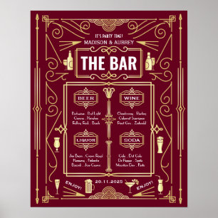 Art Deco Wedding Gold Burgundy Open Bar Party Menu Poster