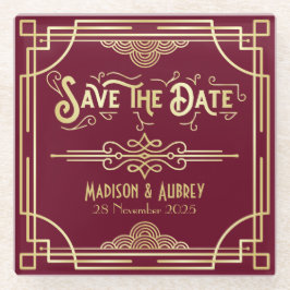 Art Deco Wedding Gold Burgundy Save the Date Glasuntersetzer