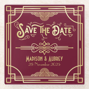 Art Deco Wedding Gold Burgundy Save the Date Glasuntersetzer