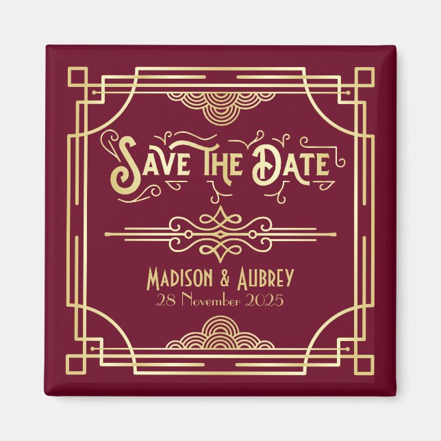 Art Deco Wedding Gold Burgundy Save the Date Magnet (Vorne)