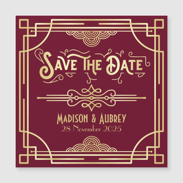 Art Deco Wedding Gold Burgundy Save the Date Magnetkarte (Vorderseite)