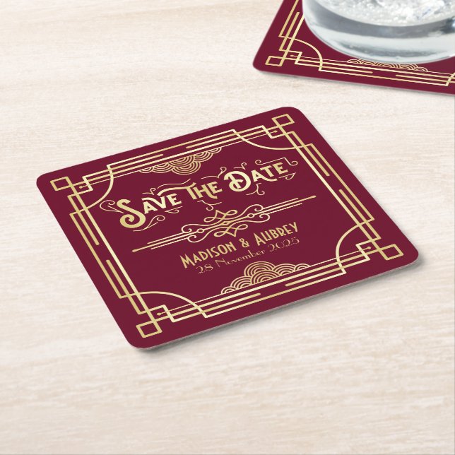 Art Deco Wedding Gold Burgundy Save the Date Rechteckiger Pappuntersetzer (angewinkelt)
