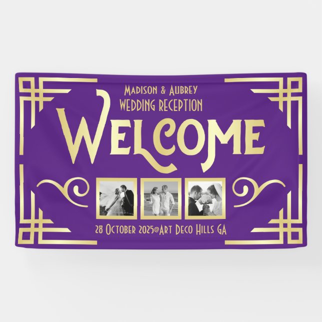 Art Deco Wedding Gold Drei Foto Willkommen Lila Banner (Horizontal)