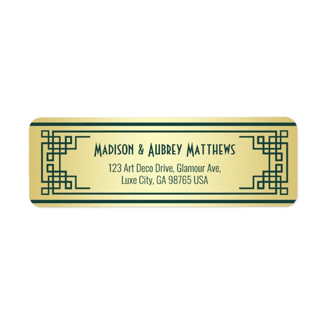 Art Deco Wedding Gold Green Rücksendeadresse (Vorne)