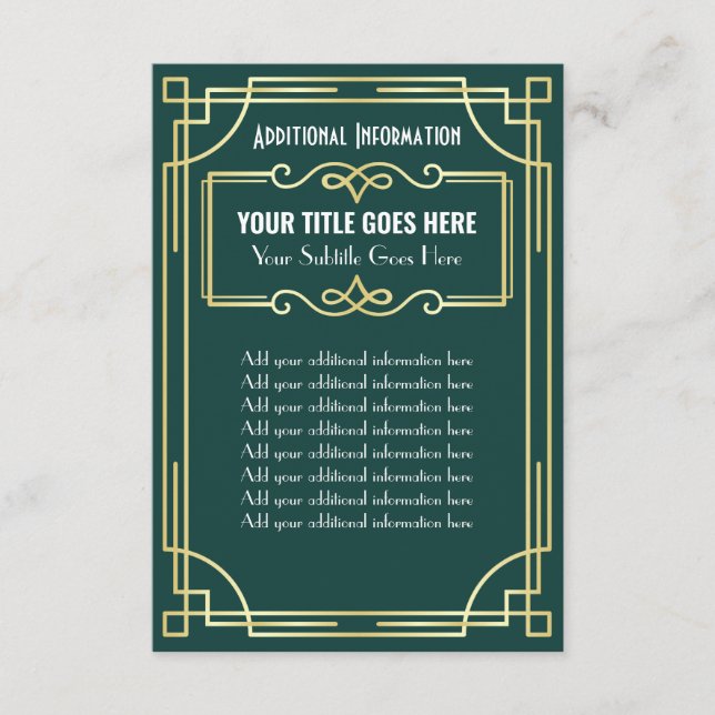 Art Deco Wedding Gold Green zusätzliche Informatio Begleitkarte (Vorderseite)