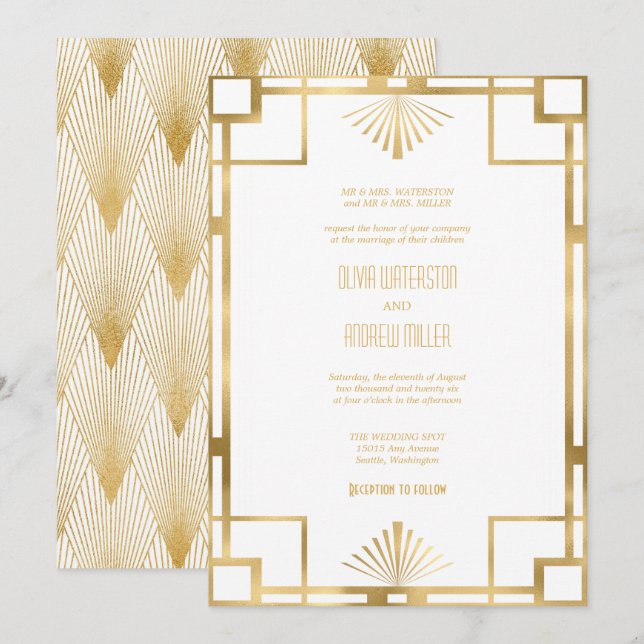 Art Deco Wedding | Gold und Weiße Einladungen (Vorne/Hinten)
