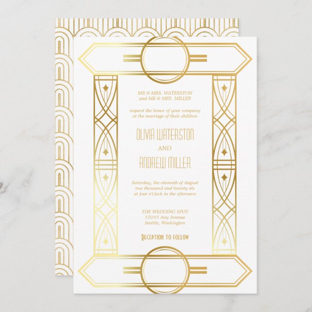 Art Deco Wedding | Gold und Weiße Einladungen (Vorne/Hinten)