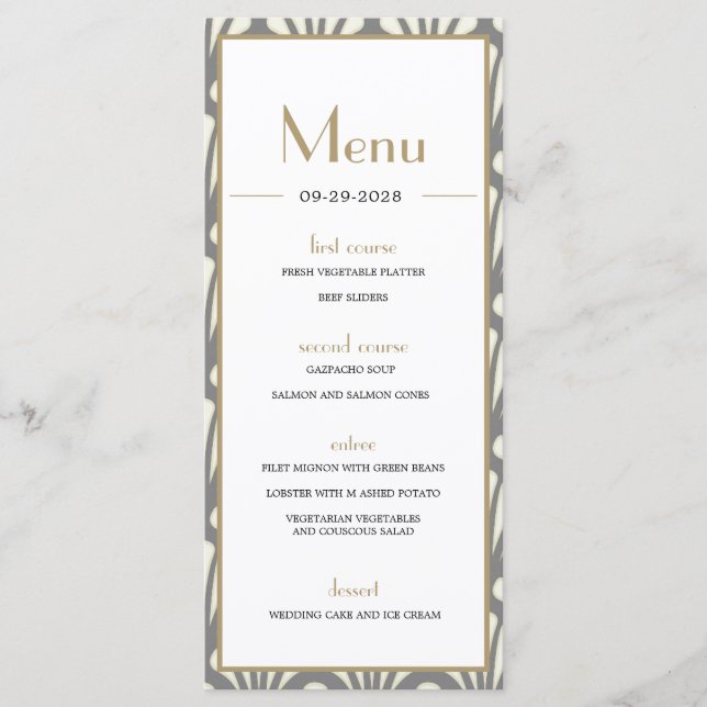 Art Deco Wedding Gray Roaring 20 Vintag Menükarte (Vorderseite)