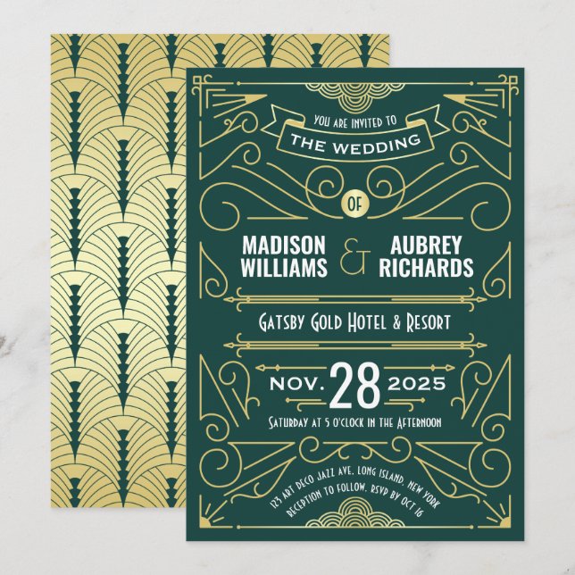 Art Deco Wedding Great Gatsby Einladung (Vorne/Hinten)