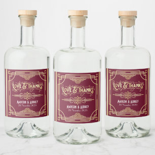 Art Deco Wedding Liebe & Dank Gold Burgundy Gefall Alkoholflaschenetikett