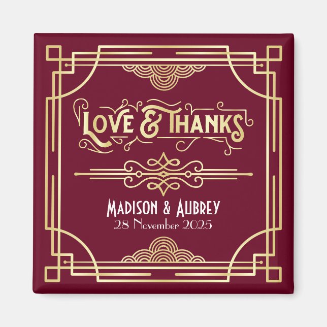 Art Deco Wedding Liebe & Dank Gold Burgundy Gefall Magnet (Vorne)