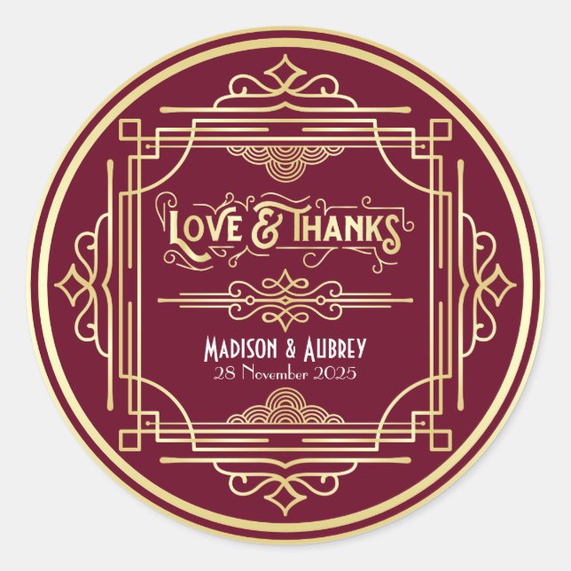 Art Deco Wedding Liebe & Dank Gold Burgundy Gefall Runder Aufkleber (Vorderseite)