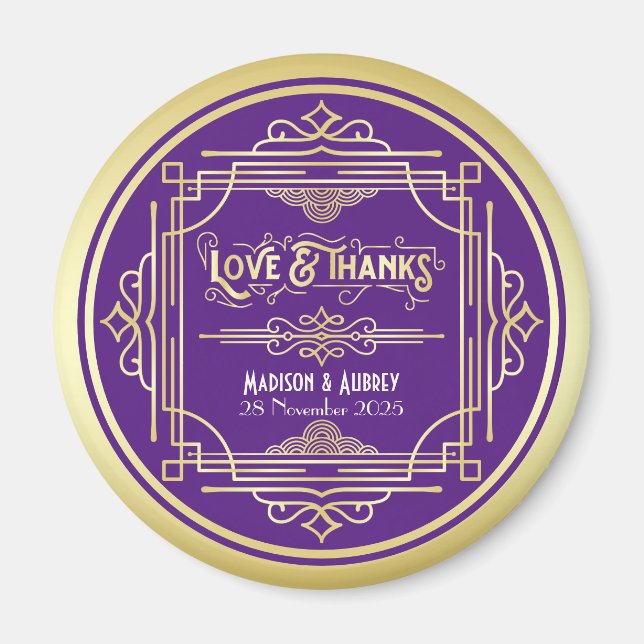 Art Deco Wedding Liebe & Dank Gold Lila Gefallen Magnet (Vorne)