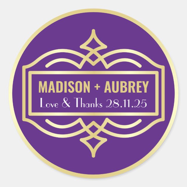 Art Deco Wedding Liebe & Dank Gold Lila Gefallen Runder Aufkleber (Vorderseite)