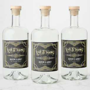 Art Deco Wedding Liebe & Danke Gold Black Fevor Alkoholflaschenetikett