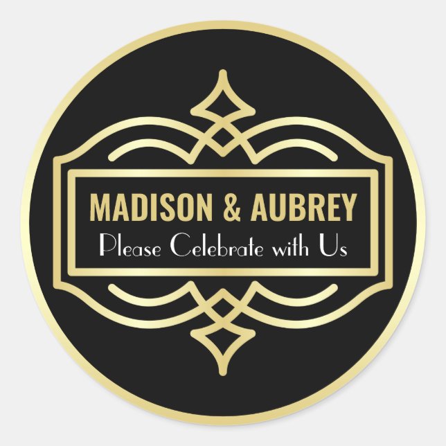 Art Deco Wedding Liebe & Danke Gold Black Mailing Runder Aufkleber (Vorderseite)