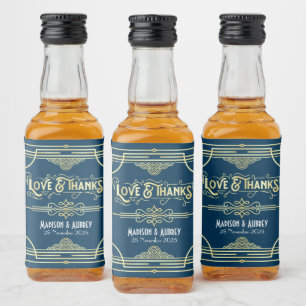 Art Deco Wedding Liebe & Danke Gold Blue Fevor Alkoholflaschenetikett