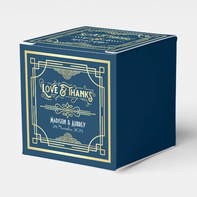 Art Deco Wedding Liebe & Danke Gold Blue Fevor Geschenkschachtel (Vorderseite)