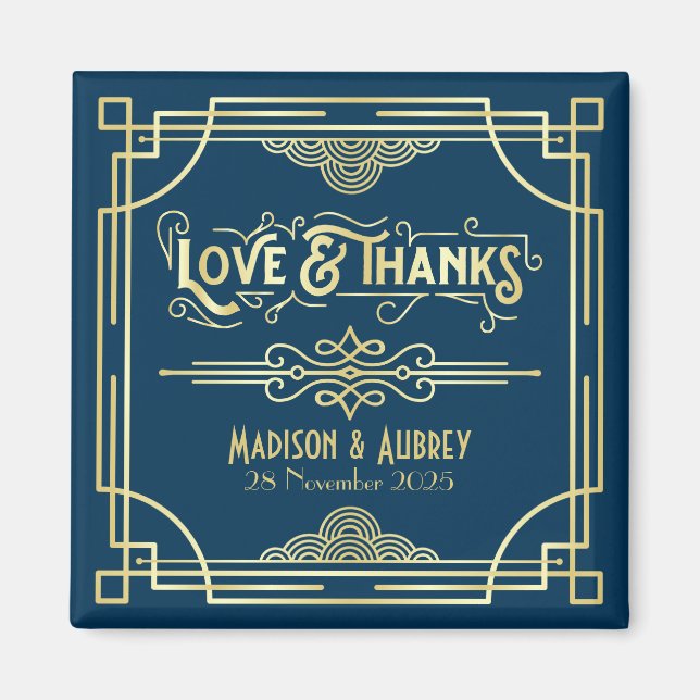 Art Deco Wedding Liebe & Danke Gold Blue Fevor Magnet (Vorne)