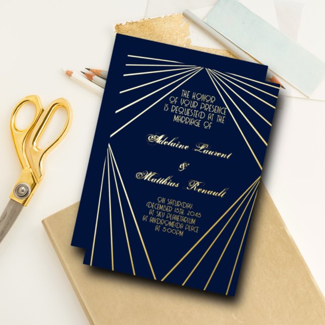 Art Deco Wedding Navy Blau und Gold Folieneinladung (Von Creator hochgeladen)