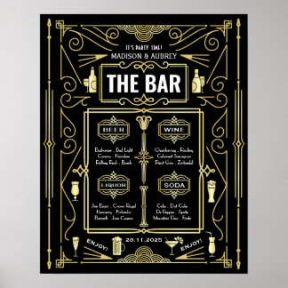Art Deco Wedding Party Bar Wine Beer Liquor Menü Poster