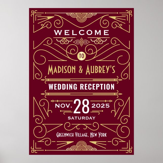 Art Deco Wedding Reception Gold Burgundy Willkomme Poster (Vorne)