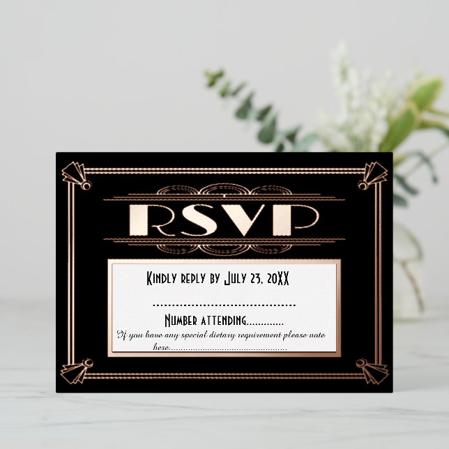 Art Deco Wedding RSVP Card - Gatsby Theme der 20er Folieneinladung (Stehend vorne)