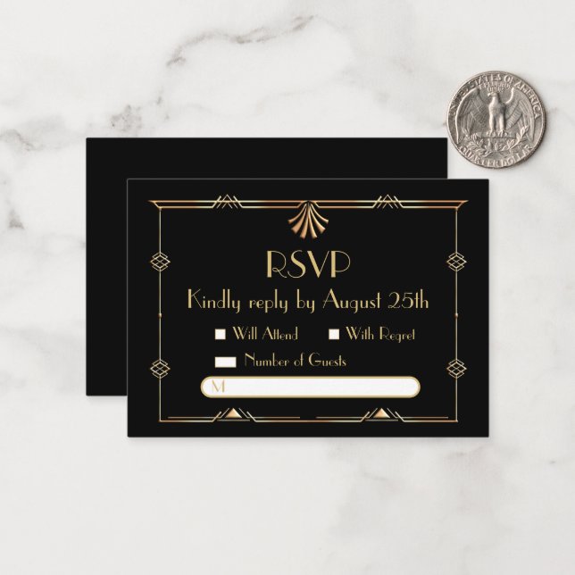 Art Deco Wedding RSVP Flat Note Card Mitteilungskarte (Vorderseite/Rückseite Beispiel)