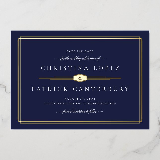 Art Deco Wedding Save the Date Foil Einladung (Vorderseite)