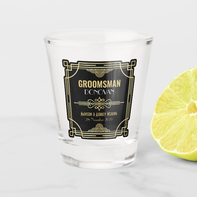 Art Deco Wedding Trauzeuge Gold Black Fevor 1920er Schnapsglas (Vorderseite)
