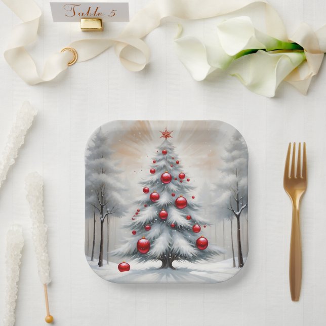 Art Deco Weihnachten Rote Ornamente Winter Pappteller (Hochzeit)