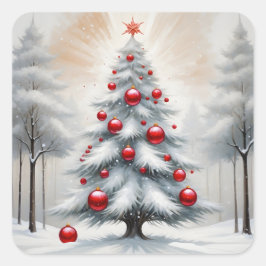 Art Deco Weihnachten Rote Ornamente Winter Quadratischer Aufkleber