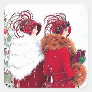 Art Deco Weihnachts-Feiertags-Damen-Aufkleber Retr Quadratischer Aufkleber